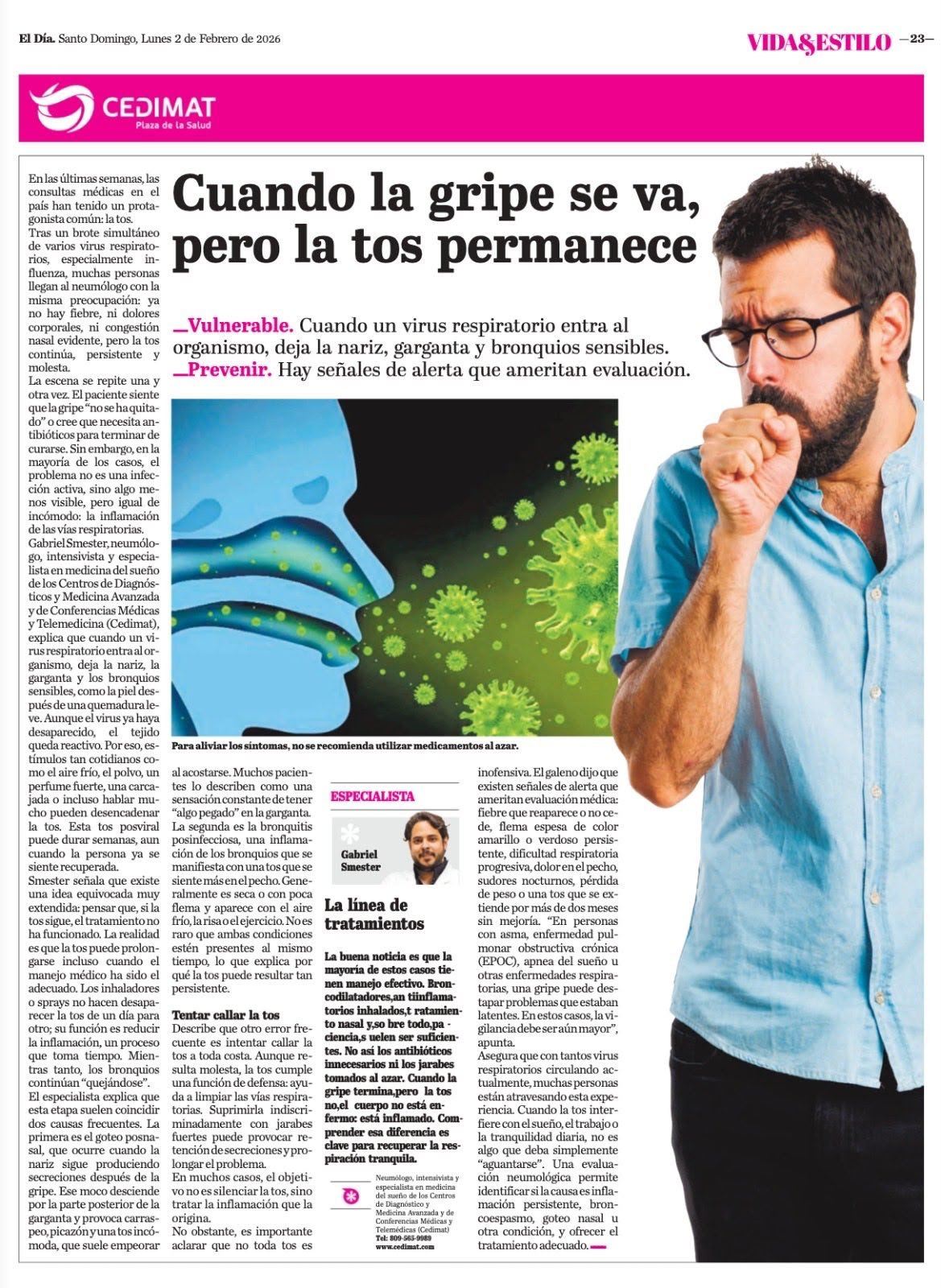 Recorte de El Día · CEDIMAT: la gripe ya pasó, pero ¿por qué sigue la tos?